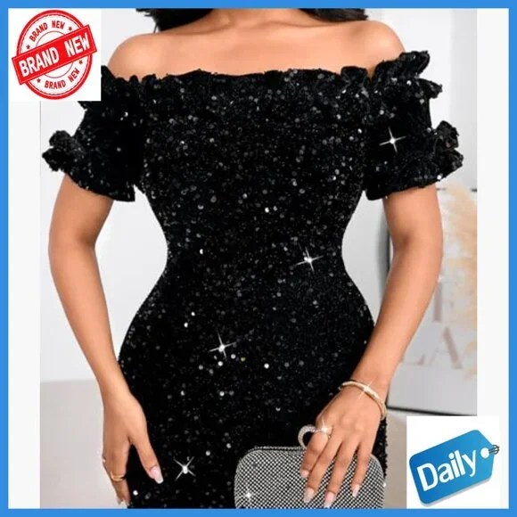 Sequin Off Shoulder Mermaid Maxi Dress Formal Evening Party Slim Fit